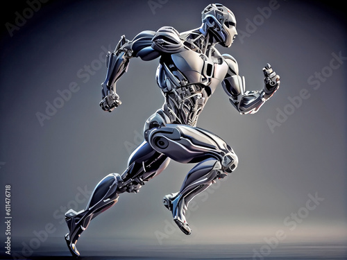 A fast running humanoid muscular robot athlete on an isolated background. Generative AI