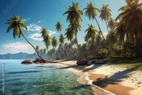 Scenic Tropical Beach with Palm Trees. Generative AI © nadunprabodana