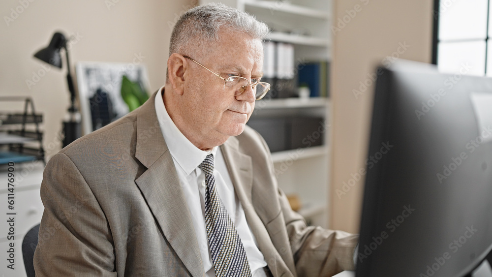 Middle age grey-haired man business worker using computer working at office