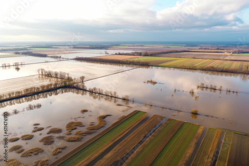 flooded fields flood after dam failure aerial generative ai photo