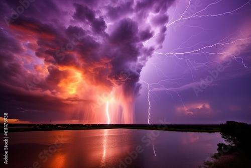 tropical thunderstorm in the sea in summer at sunset in purple colors  created with Generative AI Technology