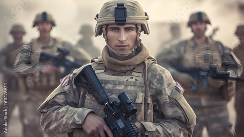 American soldier holding a gun at the army Confident American soldier looking at camera with team in background Generative AI