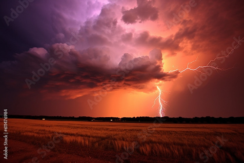 tropical thunderstorm in the field in summer at sunset in purple colors, created with Generative AI Technology