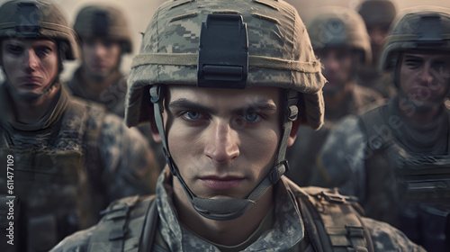 American soldier holding a gun at the army Confident American soldier looking at camera with team in background Generative AI © kitti