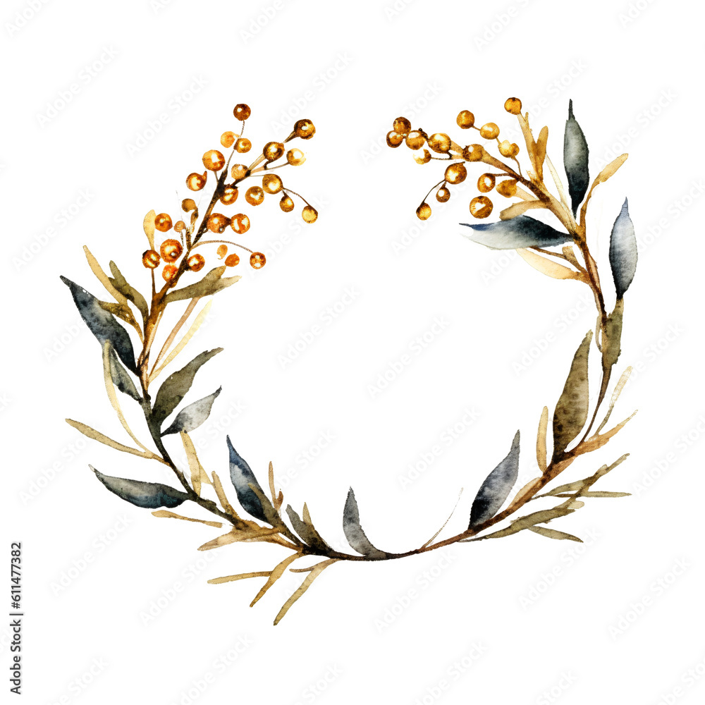 ilex branches with small round in watercolor design isolated against transparent