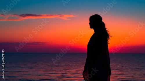 silhouette of a girl on the background of the sea sunset sky generative ai © Poter