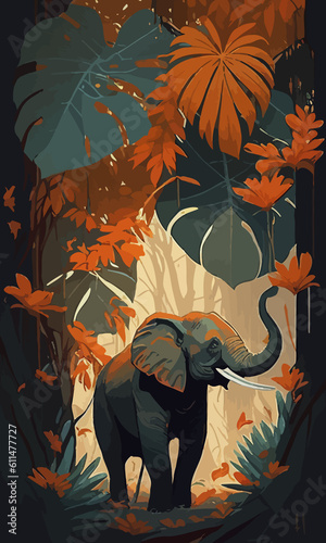 Słoń w dżungli. Grafika plakat. Ciemna zieleń, brąz i pomaranczowe kolory.