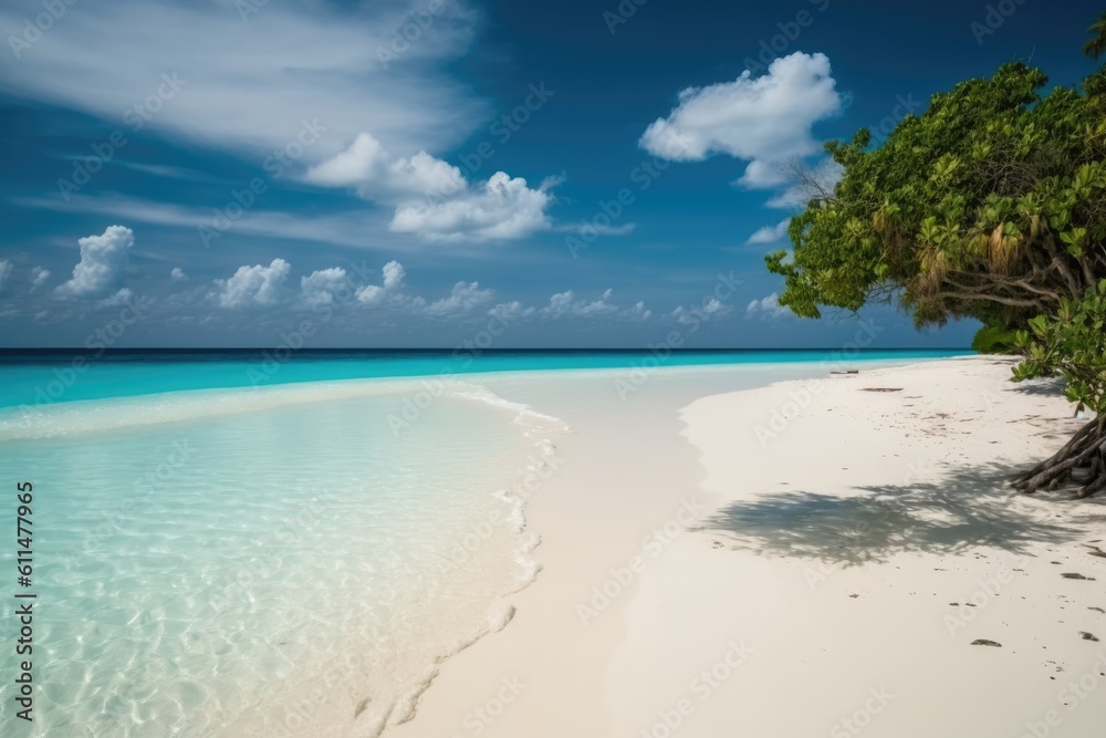 serene tropical beach with a lone palm tree. Generative AI