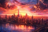 Stunning Sunset Over City Skyline. Generative AI