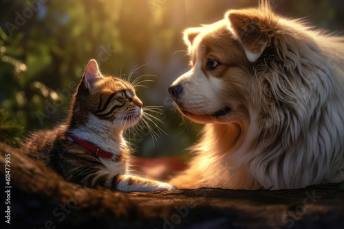 Dog and cat looking at each other in natural habitat. The concept of friendship between dogs and cats. Generative Ai  Ai.