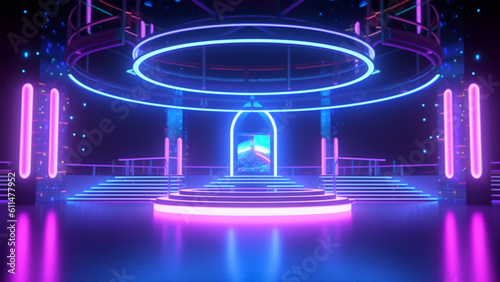 Future AI gaming stage design with neon light sports 