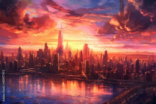 Stunning Sunset Over City Skyline. Generative AI © nadunprabodana