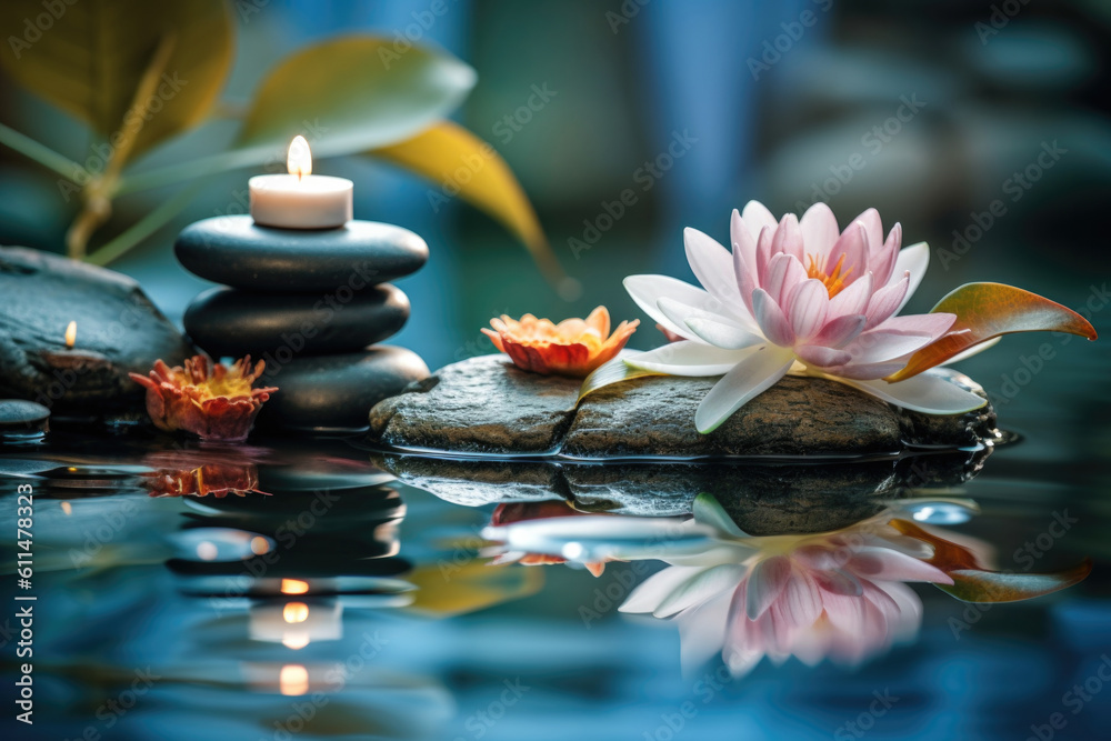 Spa still life with water lily and zen stone in a serenity pool Spa still life with water lily and zen stone in a serenity pool