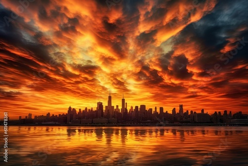 Stunning Sunset Over City Skyline. Generative AI © nadunprabodana
