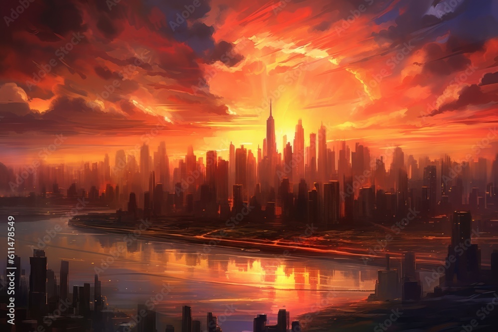 Stunning Sunset Over City Skyline. Generative AI Stunning Sunset Over City Skyline. Generative AI
