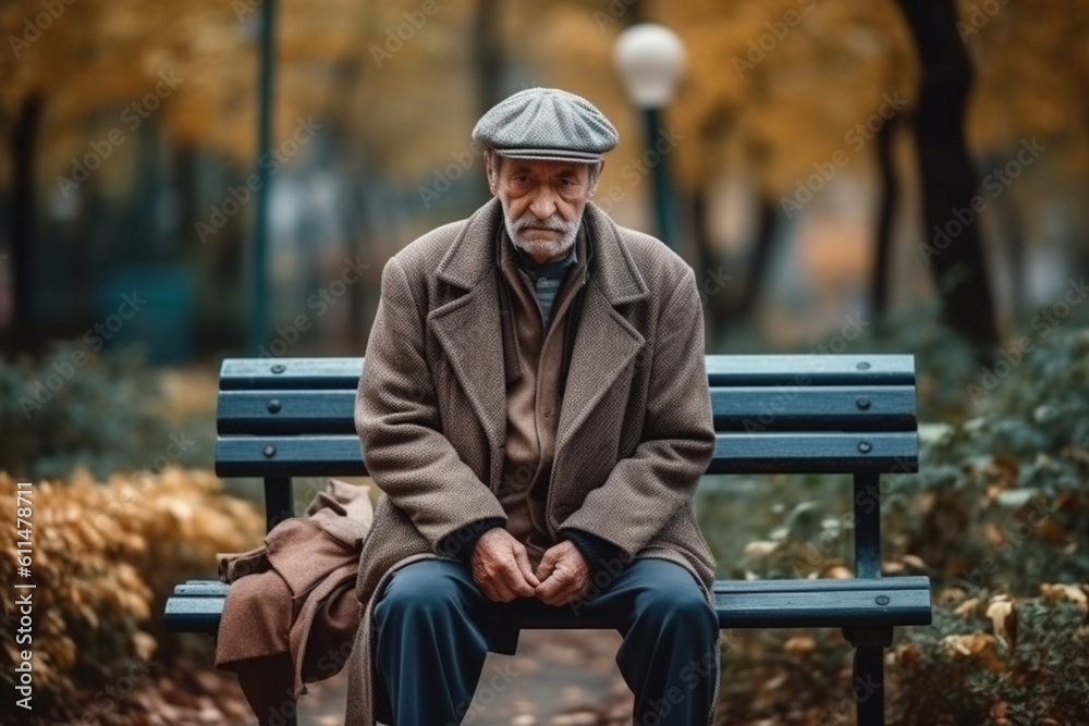 sad elderly man in depression sits on a park bench in autumn, created with Generative AI Technology - obrazy, fototapety, plakaty 