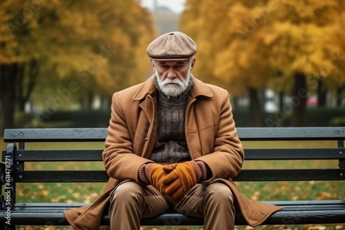 sad elderly man in depression sits on a park bench in autumn, created with Generative AI Technology
