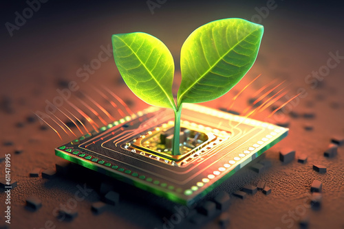 small plant sprout growing from electronic microprocessor, eco-friendly computer technology. Generative AI