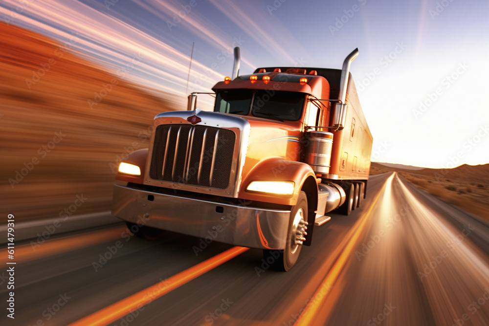 American truck speeding on freeway. Blurred motion