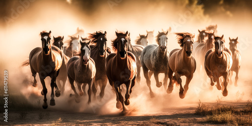 A herd of horses run and kick up dust - generative ai.