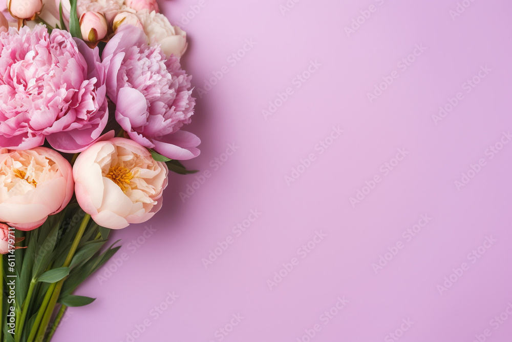 Beautiful bouquet of colorful peonies flowers on pink background, top view. Space for text