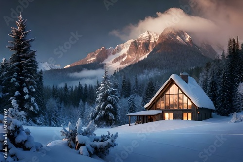 house in the mountains.winter landscape with snow covered trees
