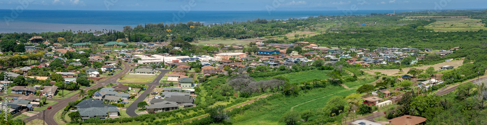 Panoramic View of the Town of Waimea, Kauai, Hawaii. This historic seaport town is a stone’s throw from where British discoverer Captain James Cook first landed in Hawaiʻi in 1778.