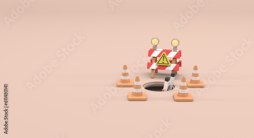 Exclamation, traffic cones, maintenance sign, alert, road works, underground works, sorry for the inconvenience, we are under construction, (3d illustration)