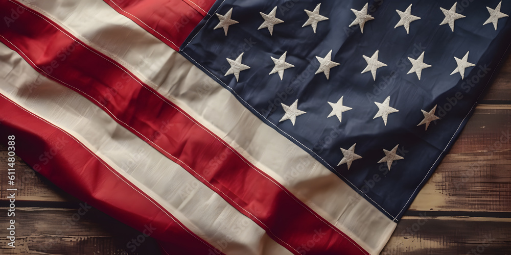 Fototapeta premium American flag on wooden background. Top view. Copy space for text. Closeup of United States of America flag, shallow depth of field. USA independence day. Generative AI technology.
