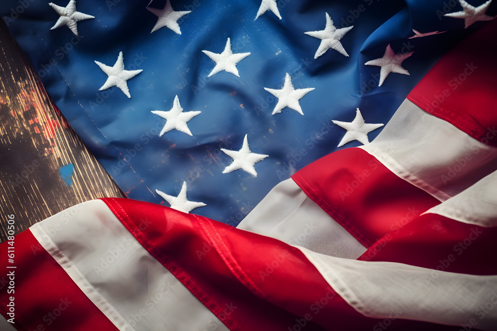 Closeup of United States of America flag, shallow depth of field. USA independence day. Generative AI technology.