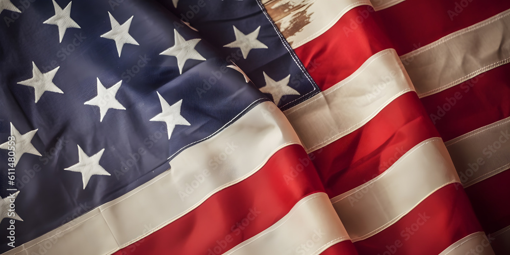 Fototapeta premium Closeup of United States of America flag, shallow depth of field. USA independence day. Generative AI technology.