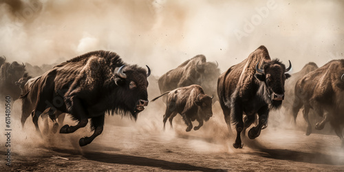 A Herd of bison race across a dusty plain, stirring up clouds of dirt in their wake. - Generative AI