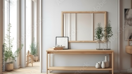 Blank wooden picture frame mockup on wall in modern interior. Horizontal artwork template mock up for artwork, painting, photo or poster in interior design. © 225htngc