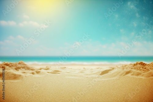 backdrop of scorching sand in the summer with room for your decorations and a fuzzy backdrop of the ocean lit by the summer sun. Generative AI