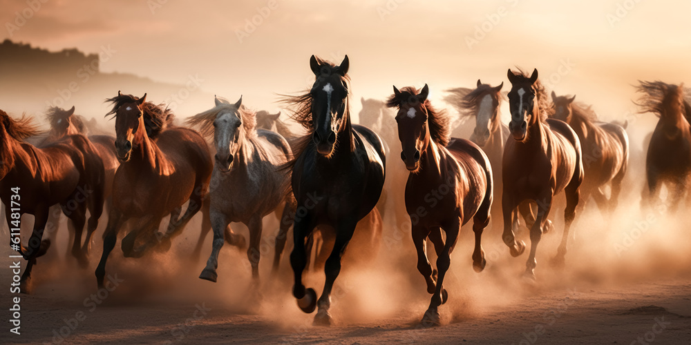 Obraz premium A herd of horses run and kick up dust in a field - generative ai.