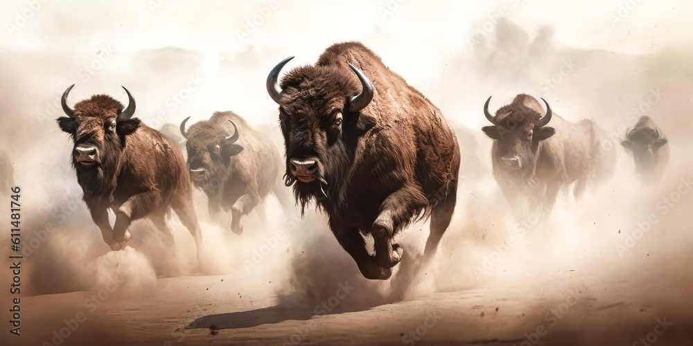 Naklejka premium A Herd of buffalos stampedes across a barren landscape, a cloud of dust trailing behind them. - generative ai