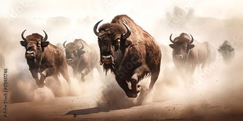 Photographie A Herd of buffalos stampedes across a barren landscape, a cloud of dust trailing behind them