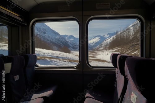 scenic mountain view from a train window during winter. Generative AI © Lasvu