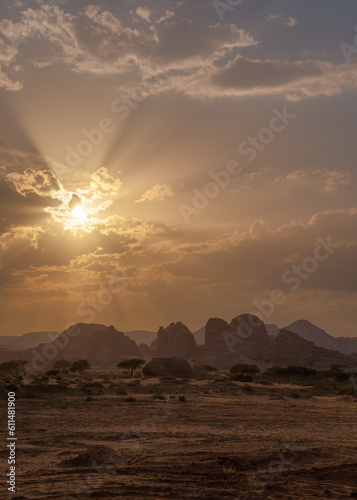 Typical landscape in Alula region near Hegra Mada'in Salih archaeological site just before sunset - sandy arid desert with few trees and small mountains at distance
