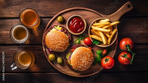 Burgers on a rustic wooden table with a rustic background and backlit. Image created with Generative AI technology