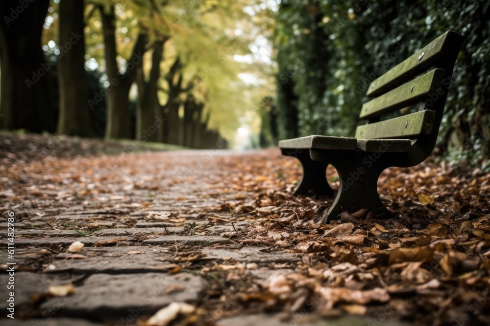 wooden bench on a path covered in autumn leaves. Generative AI
