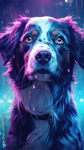 Dog posing isolated on purple studio background in neon. Looks happy, delighted. Concept of motion, © STORYTELLER AI