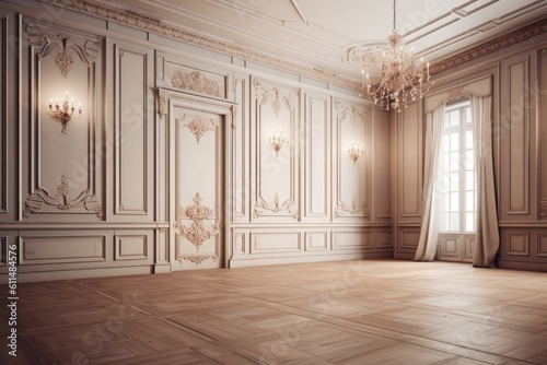 an Empty Room with a Window and a Chandelier. Generative AI