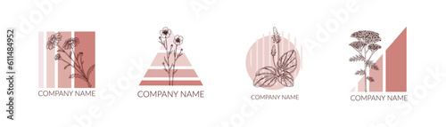 Modern geometric logo template with floral element. Hand drawn vector illustration. Aesthetic poster design