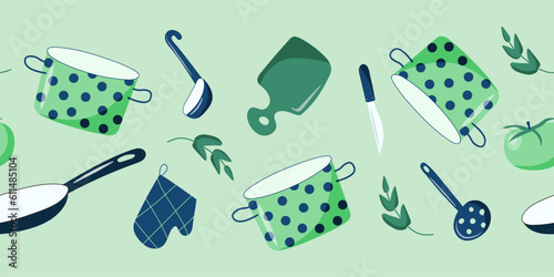 Cooking utensils in shades of green. Pot, pan, chopping board, tomatoes, knife, ladle. Seamless border. Vector illustration.