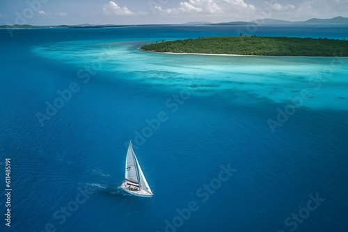 aerial view of big sailboat on tropical sea near island, Cinematic, Photoshoot, Shot on 65mm lens, Shutter Speed 1 4000, F 1.8 White Balance, 32k, Super-Resolution, Pro Photo RGB, Half rear Lighting,