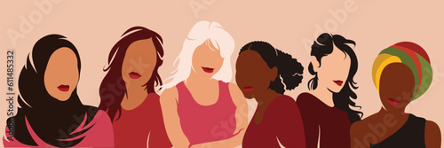 Various ethnic women. A group of beautiful women with different beauty, hair and skin color. The concept of women, femininity, diversity, independence and equality. Vector illustration.