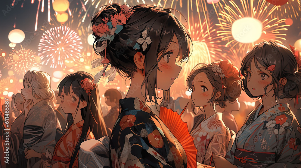  girl watching fireworks anime. Generative AI.