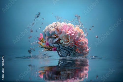 brain made from water and flowers on pastel background concept art, photo, Shot on 65mm lens, Shutter Speed 1 4000, F 1.8 White Balance, 32k, Super-Resolution, Pro Photo RGB, Half rear Lighting, Backl
