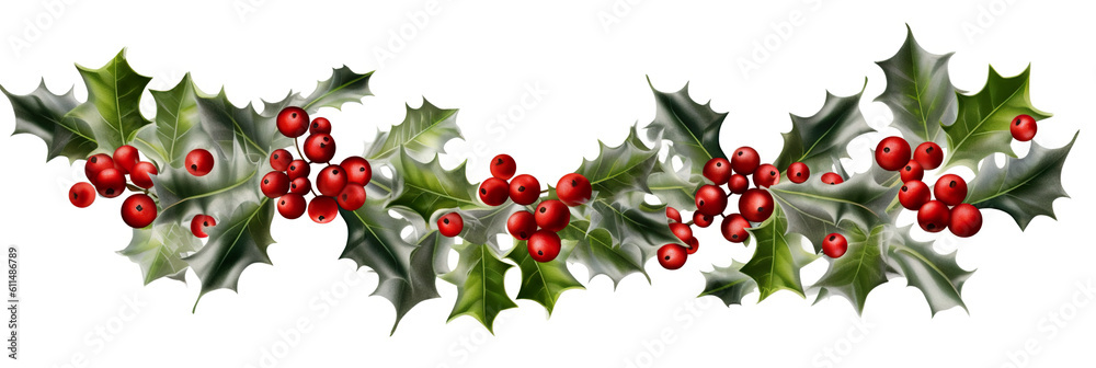 A border of holly leaves and red berries. Generative AI. Decorative clipart element on white background.